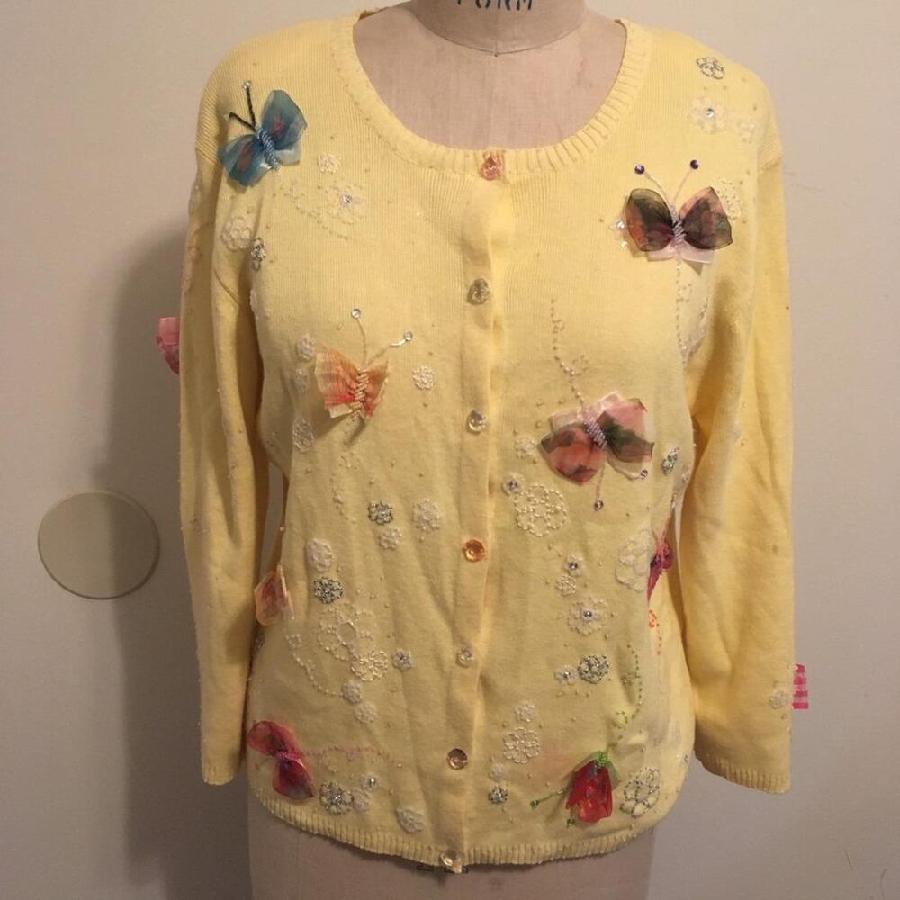 Berek Yellow Butterfly Ribbon & Bead Embellished Cardigan Sweater XL